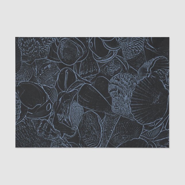 Sea Shell Dusty Blue Black Coastal Beach Decoupage Tissue Paper (Front)
