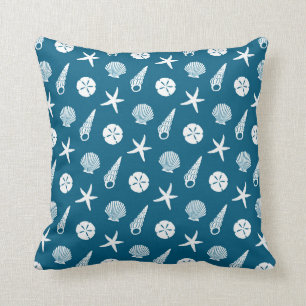 Sea Shell Pattern in Shaded Teal Blue and Cream Throw Pillow