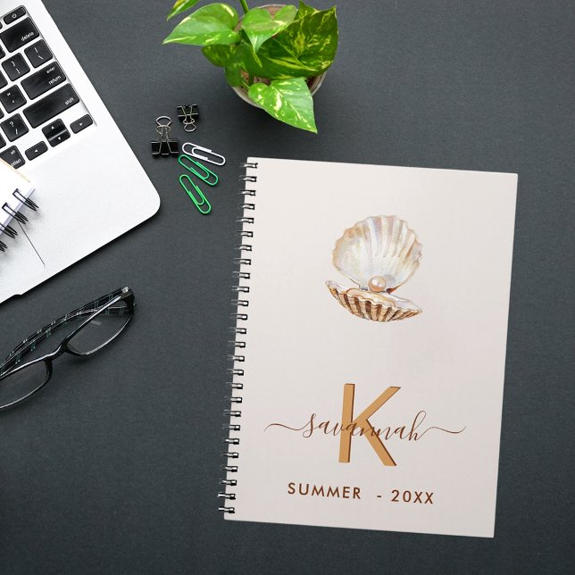 Sea shell pearl beige scallops monogram notebook (Creator Uploaded)