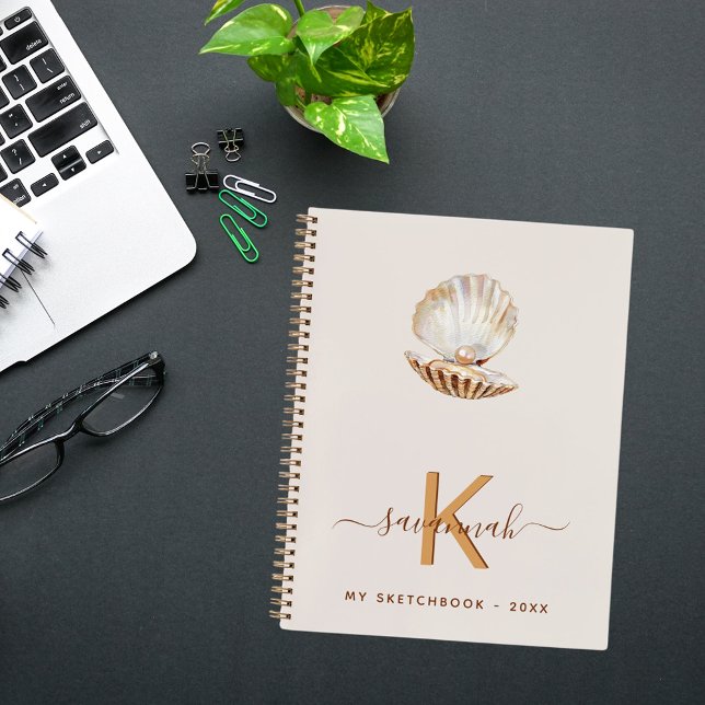 Sea shell pearl beige scallops monogram notebook (Creator Uploaded)