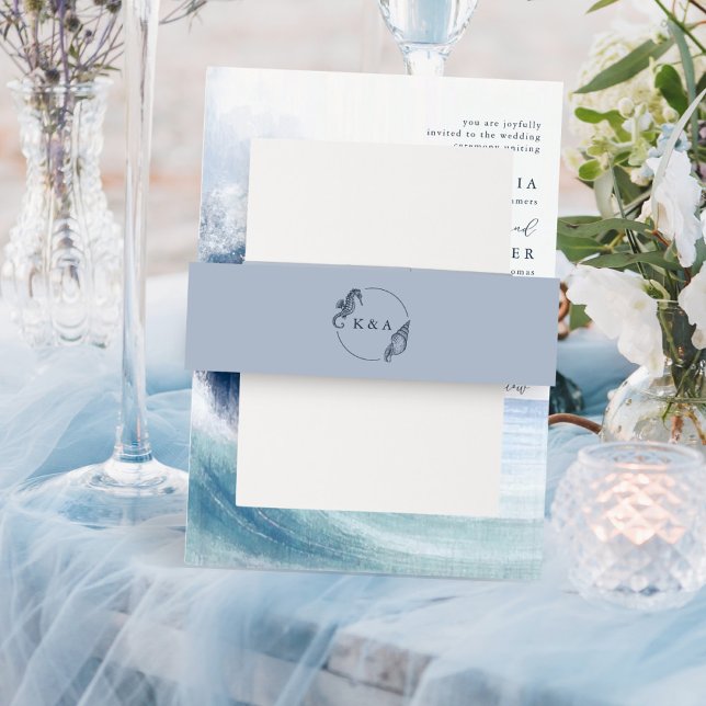 Sea Shell Seahorse Nautical Monogram Beach Wedding Invitation Belly Band (Creator Uploaded)