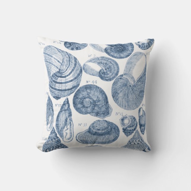 Sea Shell Sketch, Blue & White Throw Pillow (Front)