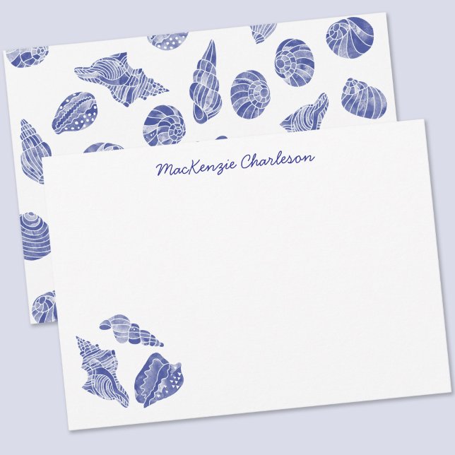 Sea Shell Watercolor Coastal Personalized Card (Blue and white watercolor seashell pattern personalized name or text notecards)