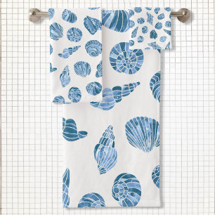 Sea Shell Watercolor Nautical Coastal Blue Bath Towel Set
