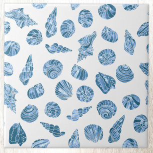 Sea Shell Watercolor Nautical Coastal Blue Tile