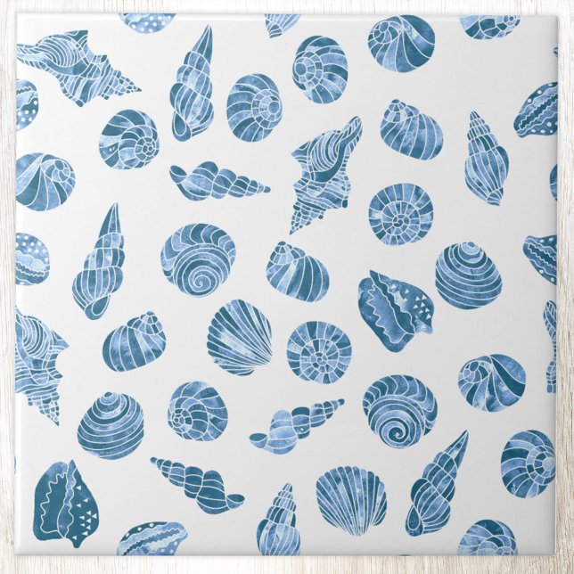 Sea Shell Watercolor Nautical Coastal Blue Tile (Sea shell watercolor nautical coastal pattern blue and white ceramic tile)