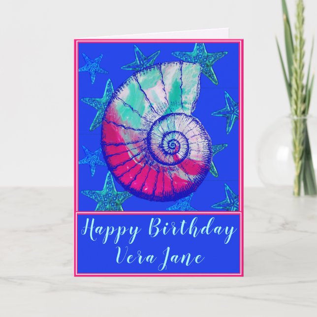 Sea Shell with Starfish Happy Birthday Ocean Blue Card (Front)
