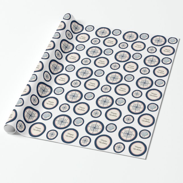 Sea Shells and Compass Birthday Wrapping Paper (Unrolled)