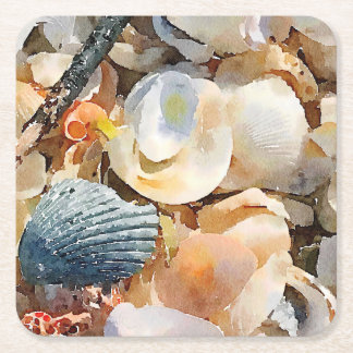 Sea Shells and Driftwood on beach sand Square Paper Coaster