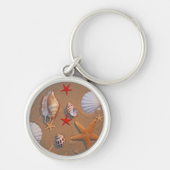 Sea Shells And Starfish Arranged On Sand Keychain (Front)