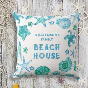Sea Shells and Starfish Family Beach House Throw Pillow