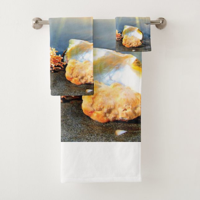 Sea shells and starfish on beach bath towel set (Insitu)