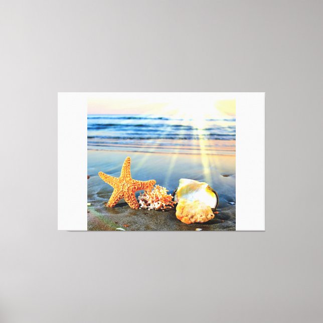 Sea shells and starfish on beach canvas print (Front)