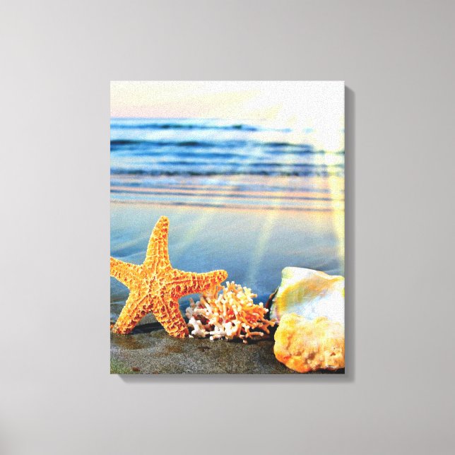 Sea shells and starfish on beach canvas print (Front)