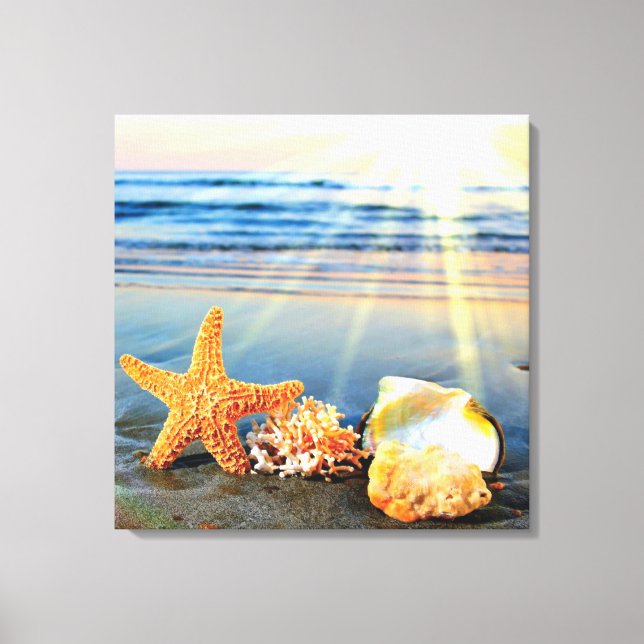 Sea shells and starfish on beach canvas print (Front)