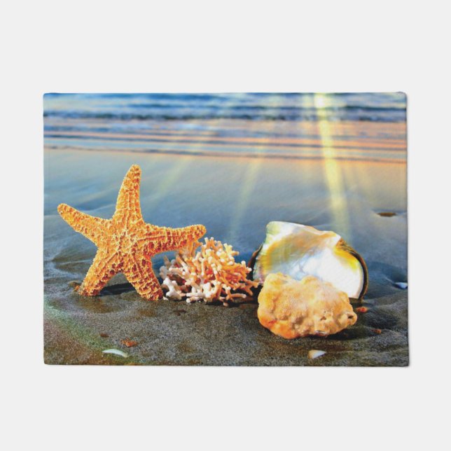 Sea shells and starfish on beach doormat (Front)