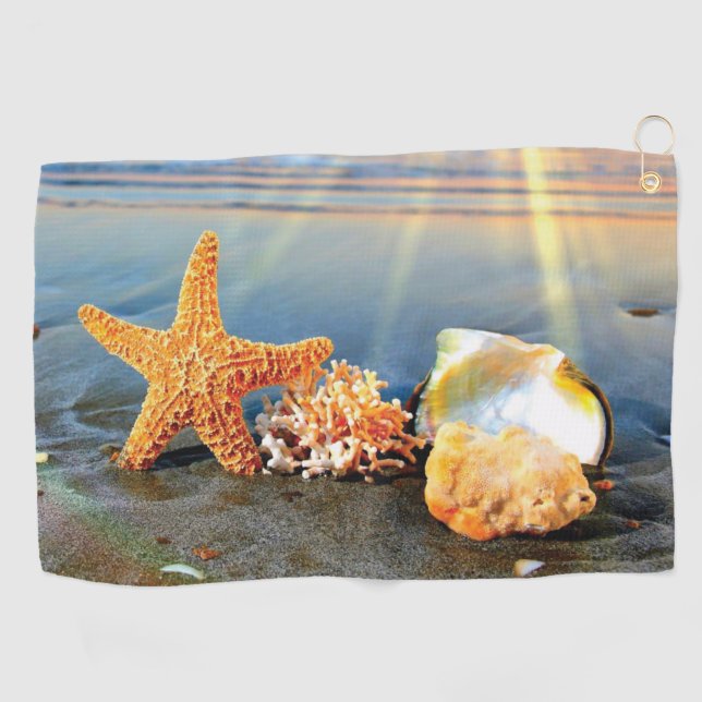 Sea shells and starfish on beach golf towel (Horizontal)