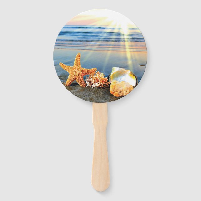 Sea shells and starfish on beach hand fan (Front)