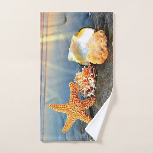 Sea shells and starfish on beach hand towel (Hand Towel)