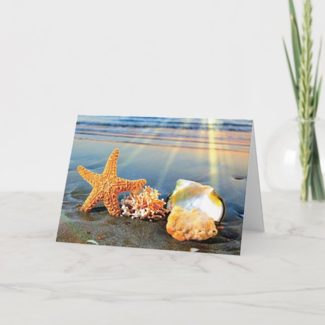 Sea shells and starfish on beach holiday card (Front)