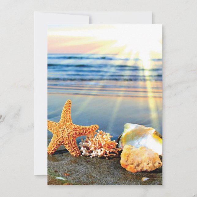 Sea shells and starfish on beach invitation (Front)
