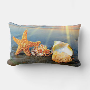 Sea shells and starfish on beach lumbar pillow