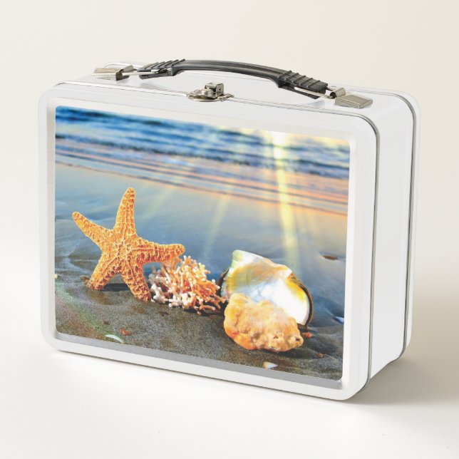 Sea shells and starfish on beach metal lunch box (Front)