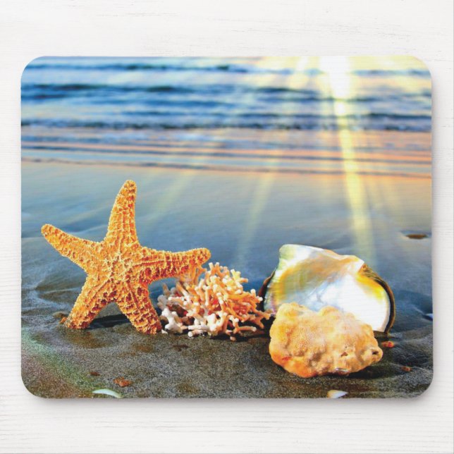 Sea shells and starfish on beach mouse pad (Front)