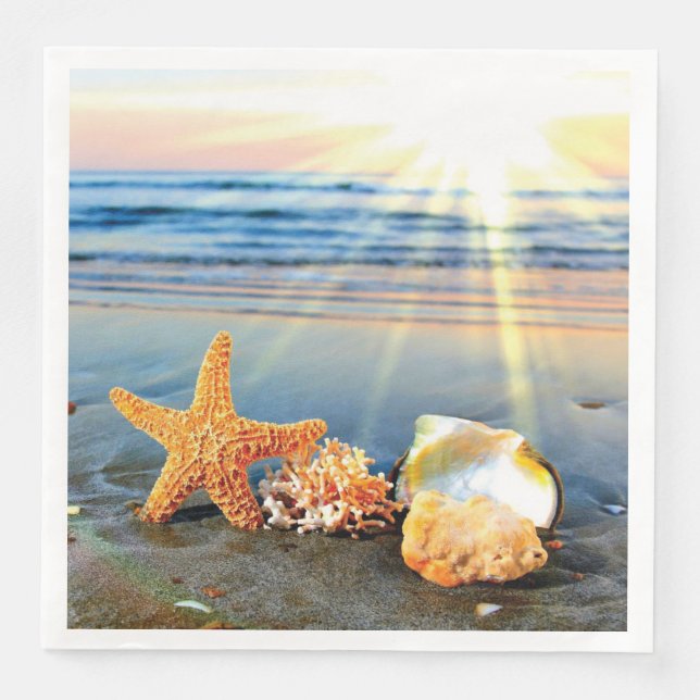 Sea shells and starfish on beach napkin (Front)