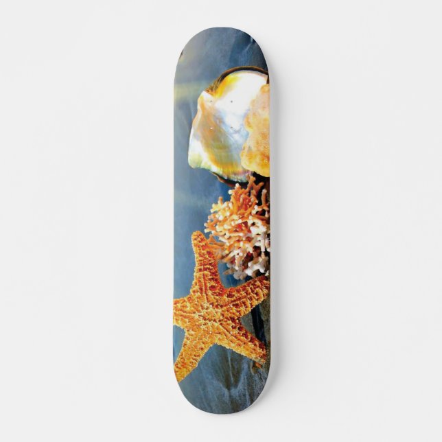 Sea shells and starfish on beach skateboard (Front)