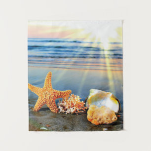 Sea shells and starfish on beach tapestry