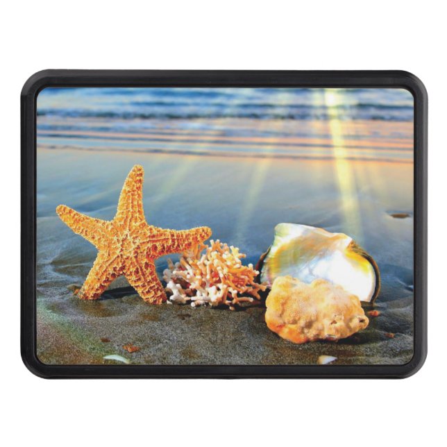 Sea shells and starfish on beach trailer hitch cover (Front)