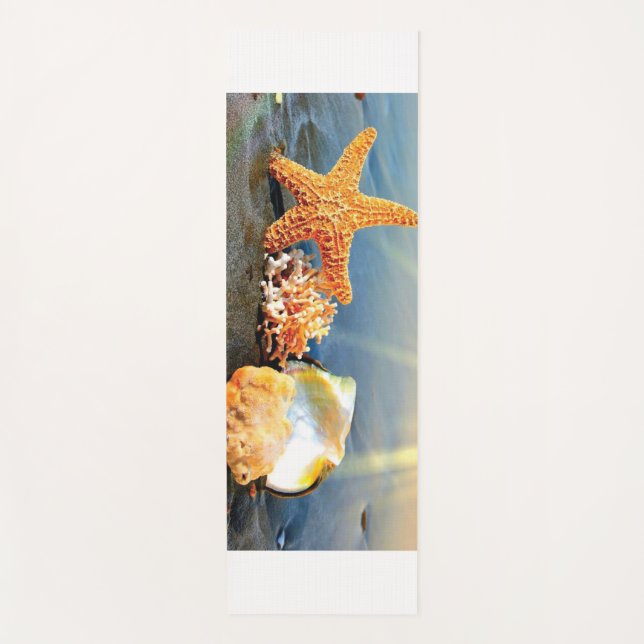 Sea shells and starfish on beach yoga mat (Front)