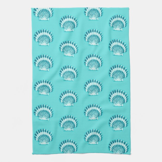 Sea shells - aqua and teal kitchen towel (Vertical)
