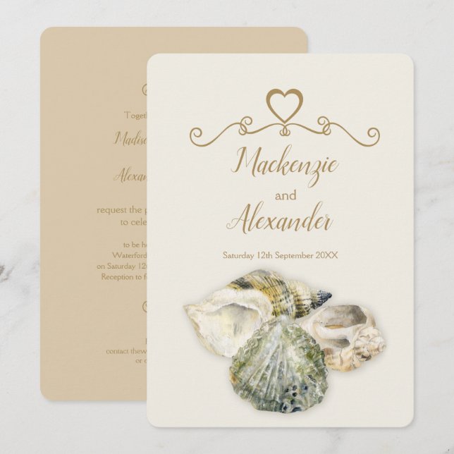 Sea shells art beach wedding invitations (Front/Back)
