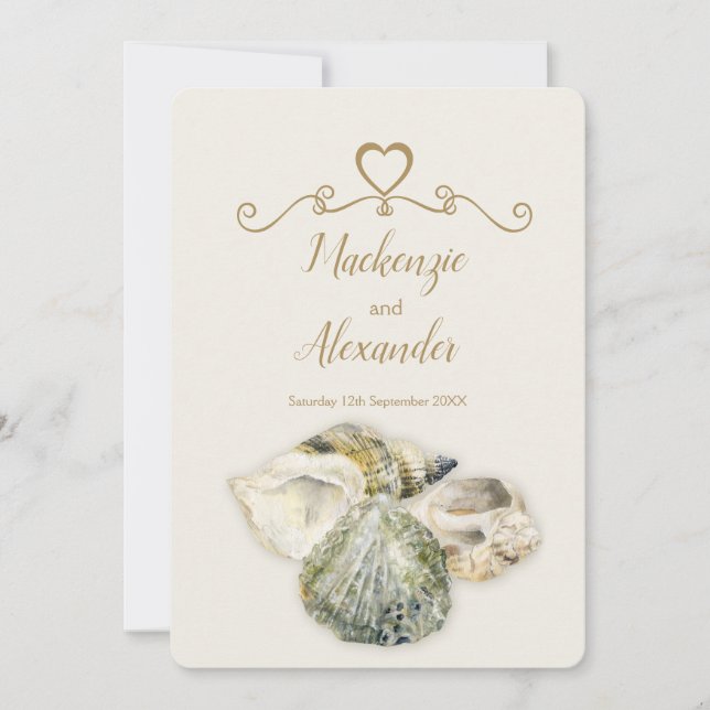Sea shells art beach wedding invitations (Front)