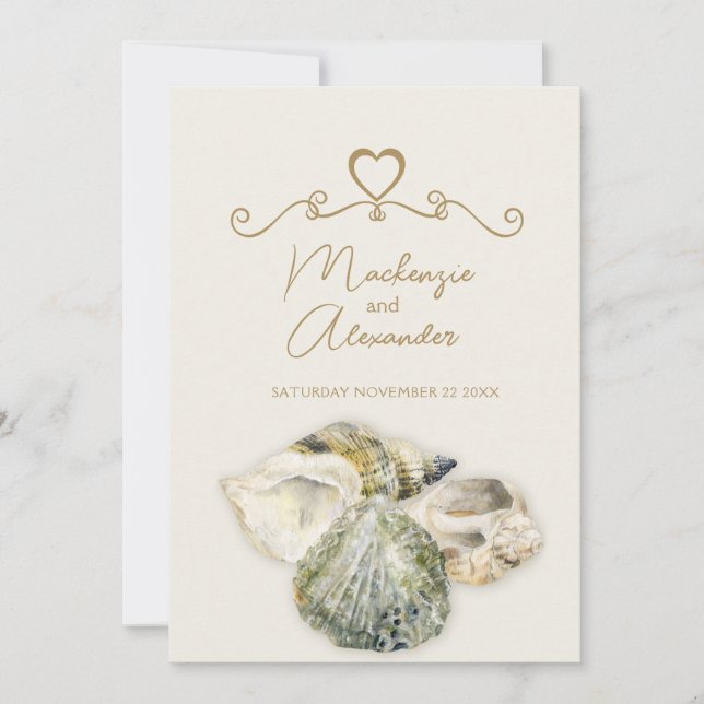 Sea shells art beach wedding invitations (Front)