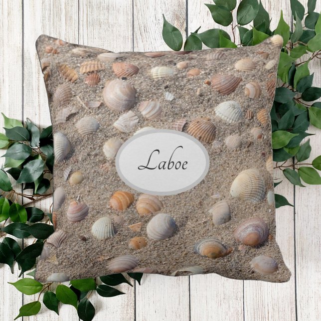 Sea shells at the beach photo with monogram throw pillow (Creator Uploaded)