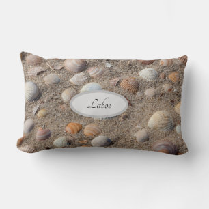Sea shells at the beach photo with text lumbar pillow