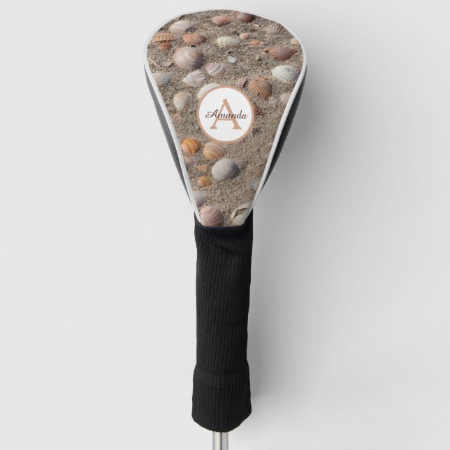 Sea shells at the beach with monogram and name golf head cover (Front)
