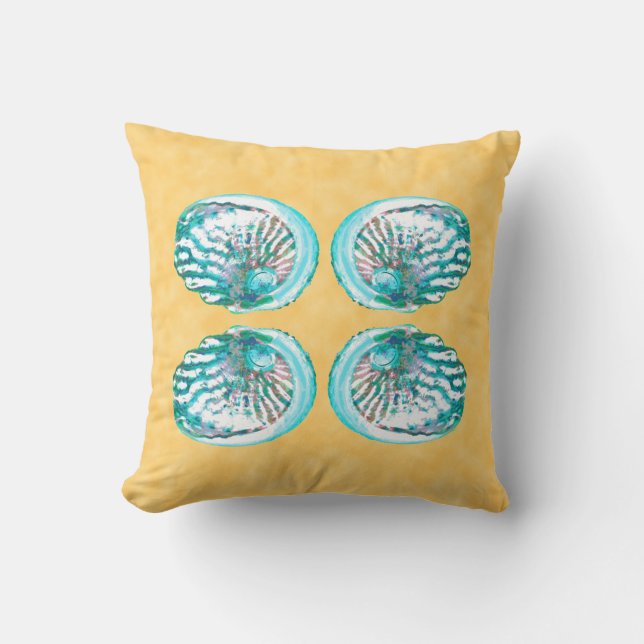 Sea Shells Design, Turquoise and Yellow. Throw Pillow (Front)