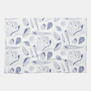 Sea shells drawing in blue and white kitchen towel