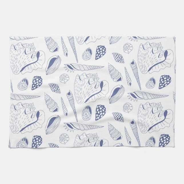 Sea shells drawing in blue and white kitchen towel (Horizontal)