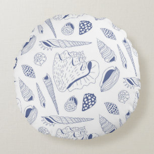Sea shells drawing in blue and white round pillow