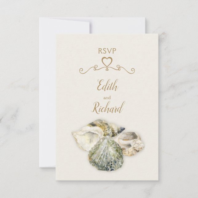 Sea shells fine art art beach wedding RSVP card (Front)