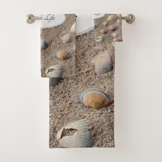 Sea shells in the sand summer photo with text bath towel set (Insitu)