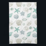 Sea shells kitchen towel<br><div class="desc">mint,  sand and blue sea shells</div>