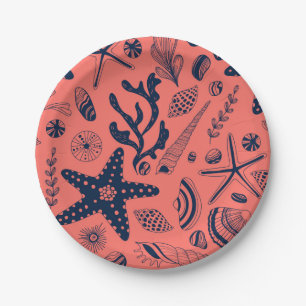 Sea shells living coral background paper plate