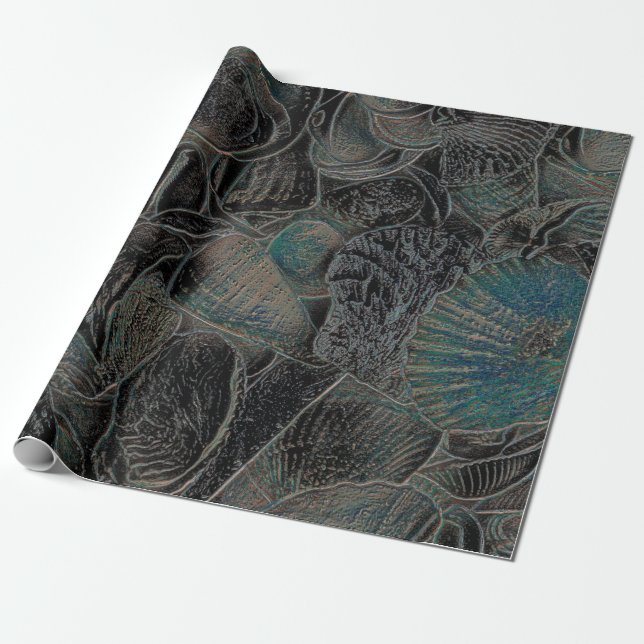 Sea Shells Ocean Beach Teal Black Art Decoupage Wrapping Paper (Unrolled)