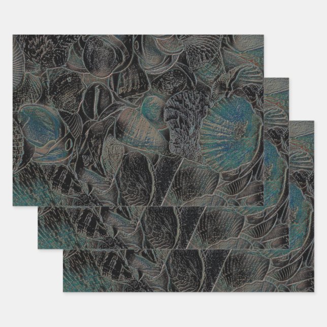 Sea Shells Ocean Beach Teal Black Art Decoupage Wrapping Paper Sheet (Set)